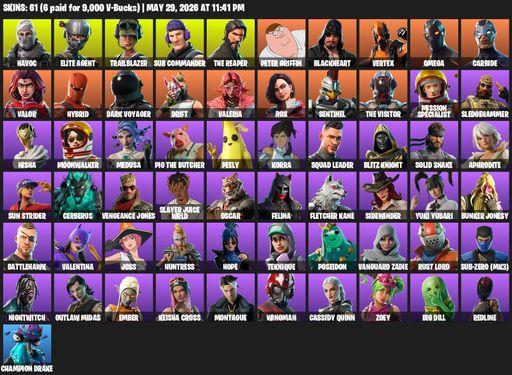[PC/PSN/XBOX] | 61 skins | 1200 V-bucks | Take The L | The Reaper | Elite Agent | Omega | Havoc | Trailblazer | Sub Commander | Peter Griffin | Full Access
