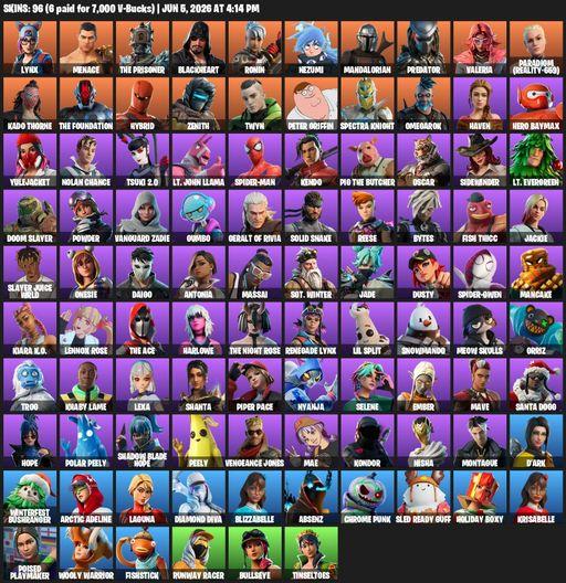 [PC/PSN] | 96 skins | 2450 V-bucks | Reaper Axe | Lynx | Menace | The Prisoner | Blackheart | Ronin | Nezumi | Mandalorian | Predator | Valeria | Full Access