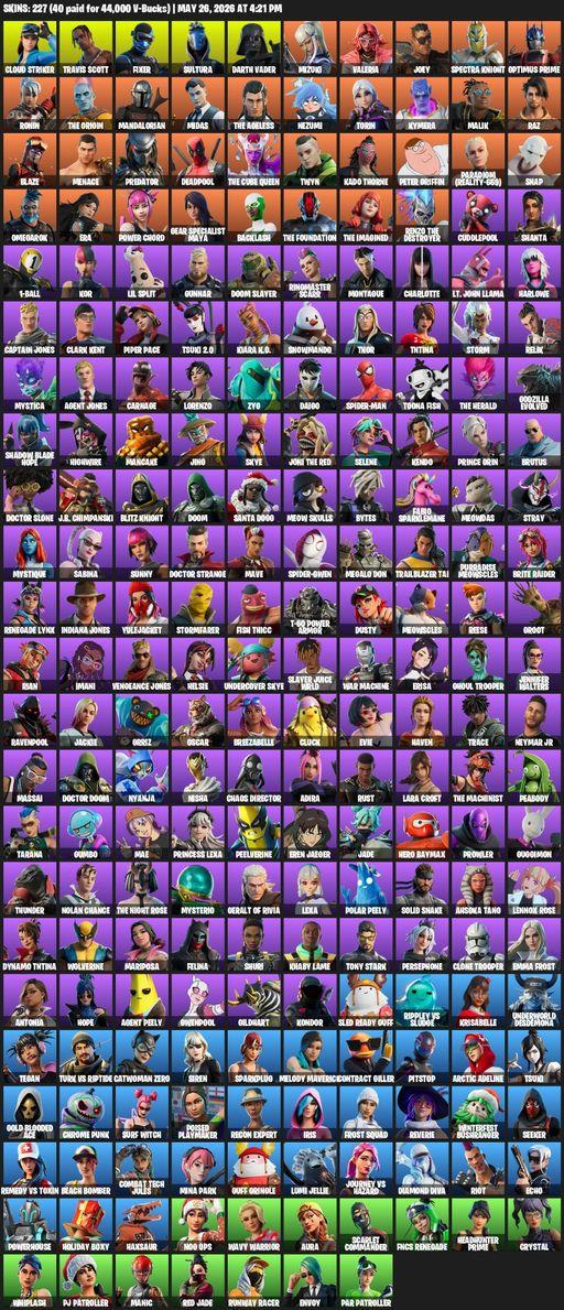 [PC/PSN/XBOX] | 227 skins | Leviathan Axe | Travis Scott | Lara Croft | Cloud Striker | Fixer | Sultura | Darth Vader | Mizuki | Valeria | Joey | Full Access
