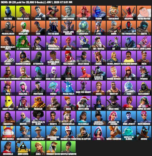 [PC/XBOX] | 95 skins | Travis Scott | Sultura | Midas | Calamity | Love Ranger | Valeria | Fusion | Crackshot | Deadpool | Peter Griffin | Mandalorian | Full Access