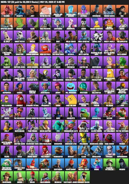 [PC/PSN] | 137 skins | Valeria | Deadeye | Joey | Peter Griffin | Frozen Red Knight | Frozen Love Ranger | Kymera | Omegarok | Frozen Raven | Era | Full Access
