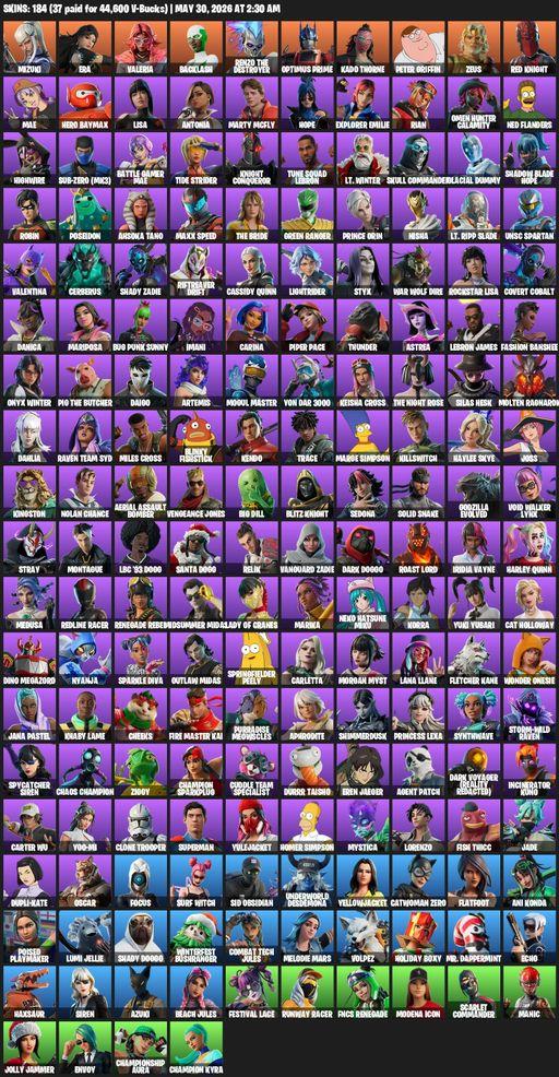 [PC/XBOX] | 184 skins | Mizuki | Era | Valeria | Backlash | Renzo the Destroyer | Optimus Prime | Kado Thorne | Peter Griffin | Zeus | Red Knight | Full Access