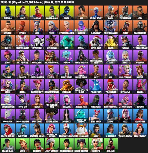 [PC] | 98 skins | Renegade Raider | Lara Croft | Sultura | Aloy | Prodigy | Major Glory | Fixer | Raz | Galaxy Scout | Ronin | The Prisoner | Joey | Full Access