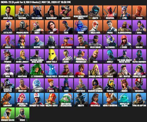 [PC/XBOX] | 72 skins | John Wick | Sentinel | The Ice King | Blackheart | Calamity | Gear Specialist Maya | Zenith | Deadpool | Lynx | Hybrid | Full Access