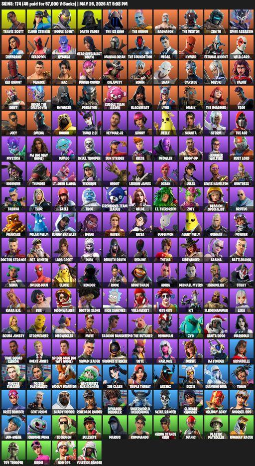 [PC] | 174 skins | Take The L | Renegade Raider | Travis Scott | Omega | Lara Croft | Cloud Striker | Rogue Agent | Darth Vader | The Ice King | Full Access