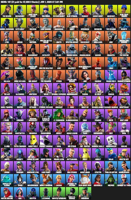 [PC/XBOX] | 147 skins | Take The L | OG STW | The Reaper | Elite Agent | Omega | Lara Croft | Breakpoint | Rose Team Leader | Neo Versa | Full Access