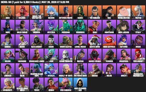 [PC/PSN/XBOX] | 56 skins | Zeus | Valeria | Renzo the Destroyer | Nezumi | Optimus Prime | Hades | The Ageless | Era | Peter Griffin | Mizuki | Hope | Full Access