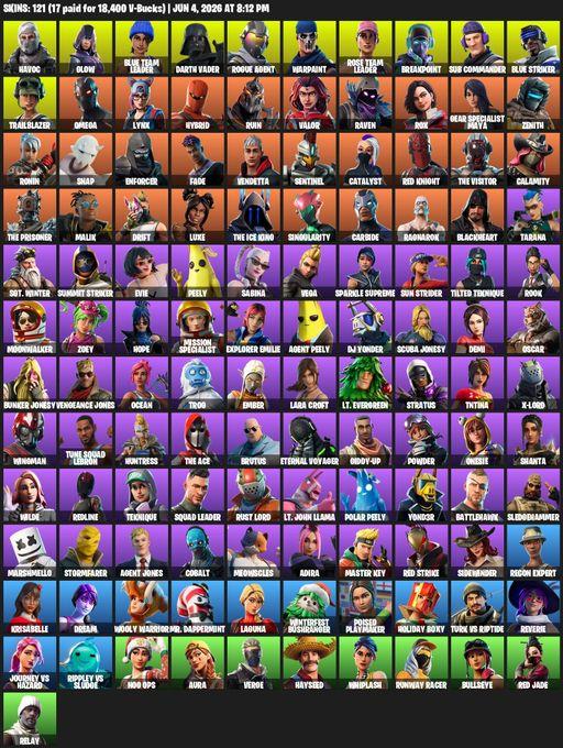 [PC/XBOX] | 121 skins | Take The L | OG STW | Omega | Lara Croft | Reaper Axe | Havoc | Glow | Blue Team Leader | Darth Vader | Rogue Agent | Warpaint | Full Access