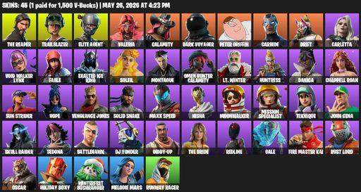[PC/PSN] | 45 skins | Take The L | The Reaper | Elite Agent | Trailblazer | Valeria | Calamity | Dark Voyager | Peter Griffin | Carbide | Drift | Full Access