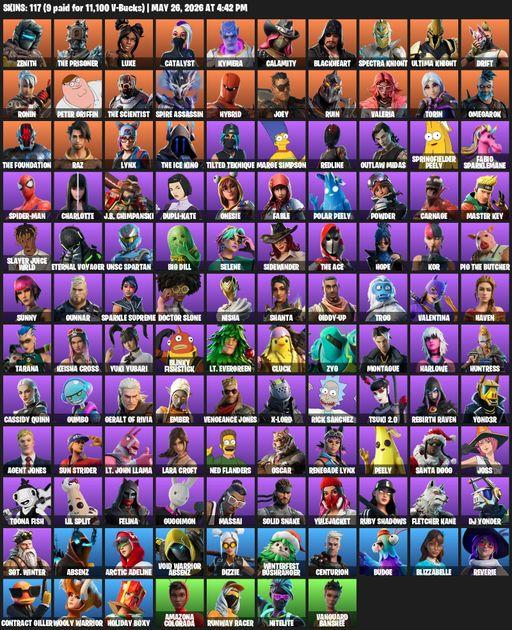 [PC] | 117 skins | 750 V-bucks | Lara Croft | Zenith | The Prisoner | Luxe | Catalyst | Kymera | Calamity | Blackheart | Spectra Knight | Full Access