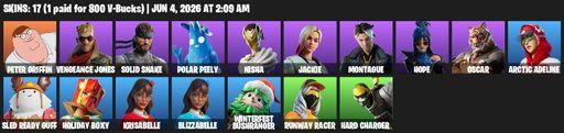 [PC/PSN/XBOX] | 17 skins | 650 V-bucks | Peter Griffin | Vengeance Jones | Solid Snake | Polar Peely | Nisha | Jackie | Montague | Hope | Oscar | Full Access