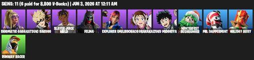 [PC/PSN/XBOX] | 11 skins | 600 V-bucks | Enigmatic Gaga | Katsuki Bakugo | Slayer Juice WRLD | Felina | Explorer Emilie | Ochaco Uraraka | Full Access
