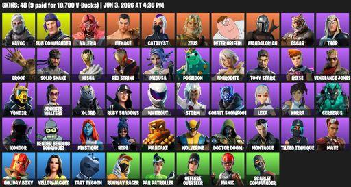 [PC/XBOX] | 48 skins | 1000 V-bucks | Havoc | Sub Commander | Valeria | Menace | Catalyst | Zeus | Peter Griffin | Mandalorian | Oscar | Thor | Groot | Full Access