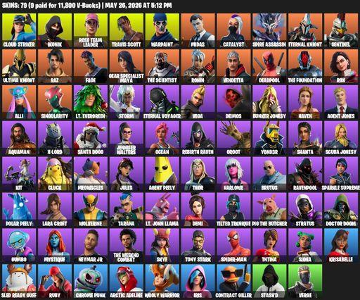 [PC/XBOX] | 79 skins | OG STW | IKONIK | Travis Scott | Lara Croft | Cloud Striker | Rose Team Leader | Warpaint | Midas | Catalyst | Spire Assassin | Full Access