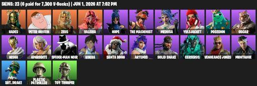 [PC/PSN/XBOX] | 23 skins | 1050 V-bucks | Hades | Peter Griffin | Zeus | Valeria | Hope | The Machinist | Medusa | Yulejacket | Poseidon | Oscar | Full Access
