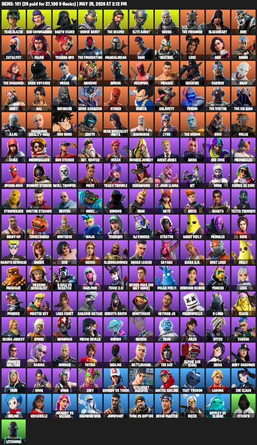 [PC/XBOX] | 161 skins | 1200 V-bucks | Take The L | The Reaper | Elite Agent | Omega | Lara Croft | Trailblazer | Sub Commander | Darth Vader | Full Access