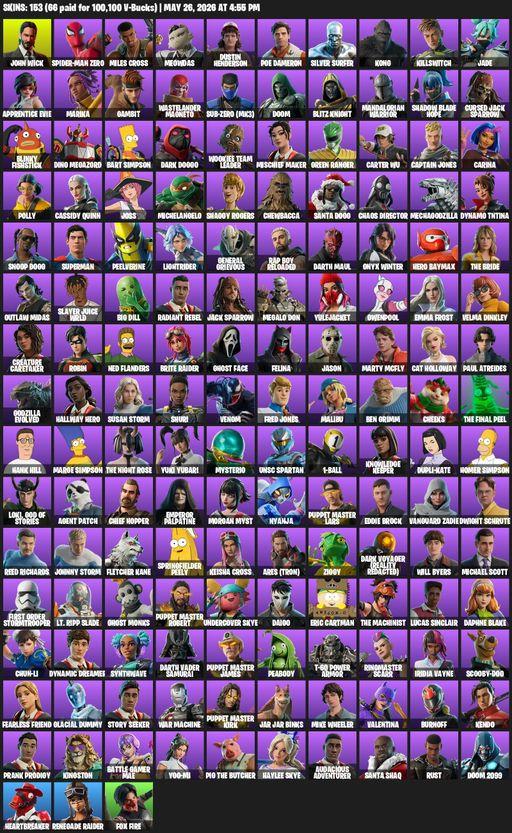 [PC] | 153 skins | Renegade Raider | John Wick | Spider-Man Zero | Miles Cross | Meowdas | Dustin Henderson | Poe Dameron | Silver Surfer | Kong | Full Access