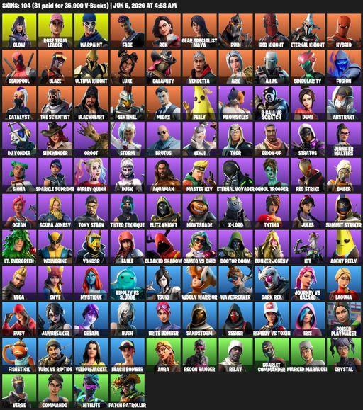 [PC/PSN/XBOX] | 104 skins | 600 V-bucks | OG STW | Glow | Rose Team Leader | Warpaint | Fade | Rox | Gear Specialist Maya | Ruin | Red Knight | Full Access