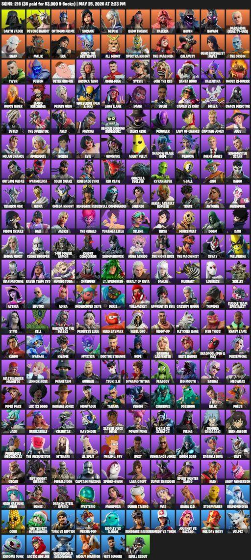 [PC/PSN] | 216 skins | Renegade Raider | Lara Croft | Darth Vader | Psycho Bandit | Optimus Prime | Sorana | Mizuki | Kado Thorne | Valeria | Raven | Full Access
