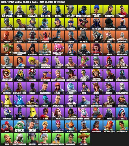 [PC/PSN/XBOX] | 107 skins | Floss | Take The L | Travis Scott | Royale Knight | The Reaper | Elite Agent | Blue Squire | Omega | Blue Striker | Havoc | Full Access