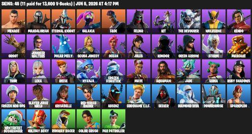 [PC/PSN/XBOX] | 45 skins | Menace | Mandalorian | Eternal Knight | Galaxia | Fade | Felina | Kit | The Devourer | Wolverine | Kendo | Groot | Full Access