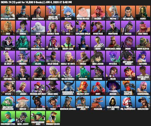 [PC/PSN/XBOX] | 74 skins | 500 V-bucks | Spectra Knight | Omegarok | Kado Thorne | Renzo the Destroyer | Nezumi | Peter Griffin | Valeria | Mizuki | Full Access