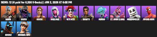 [PC/XBOX] | 12 skins | Ronin | Raven | Haven | Harlowe | Nite Nite | Shanta | Gumbo | Lt. John Llama | Marshmello | Spider-Man | Absenz | Snorkel Ops | Full Access