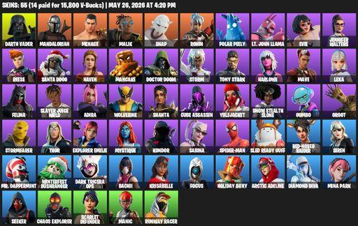 [PC/PSN] | 55 skins | Leviathan Axe | Darth Vader | Mandalorian | Menace | Malik | Snap | Ronin | Polar Peely | Lt. John Llama | Evie | Full Access