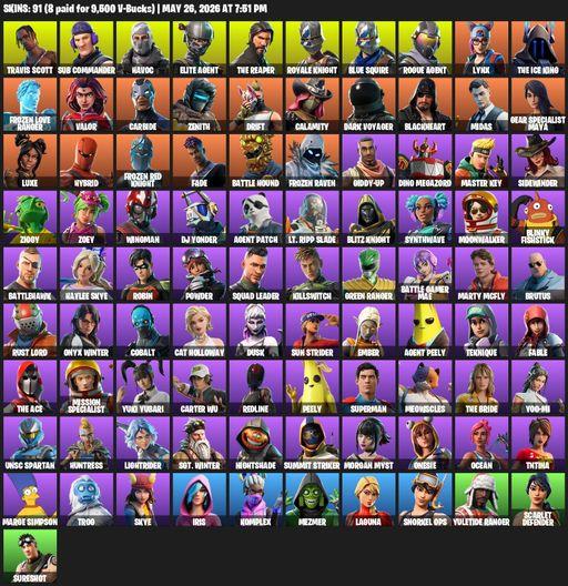 [PC/PSN/XBOX] | 91 skins | Take The L | Travis Scott | Royale Knight | The Reaper | Elite Agent | Blue Squire | Sub Commander | Havoc | Rogue Agent | Full Access