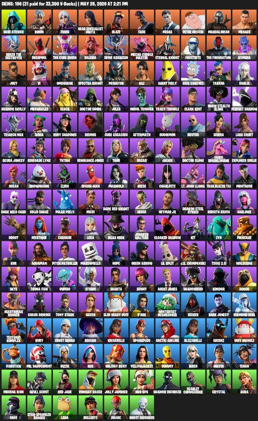 [PC] | 156 skins | Lara Croft | Reaper Axe | Surf Strider | Ronin | Torin | Gear Specialist Maya | Blaze | Fade | Midas | Peter Griffin | Mandalorian | Full Access