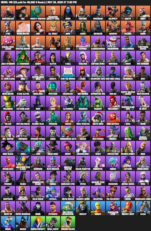 [PC/PSN] | 145 skins | 800 V-bucks | Driftwalker | Era | Moisty Merman | Paradigm (Reality-659) | Omen | Sentinel | Omegarok | Calamity | Zenith | Full Access