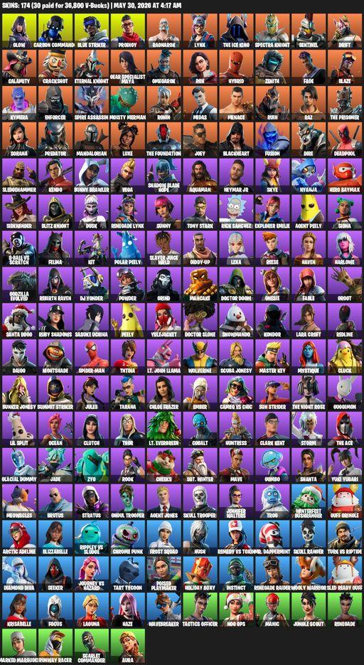 [PC/PSN/XBOX] | 174 skins | 850 V-bucks | Leviathan Axe | Renegade Raider | Lara Croft | Glow | Carbon Commando | Blue Striker | Prodigy | Ragnarok | Full Access