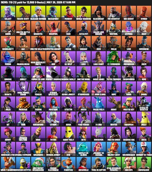 [PC/XBOX] | 110 skins | Travis Scott | Galaxy | Lara Croft | Blizzard Bomber | Breakpoint | Prodigy | World Warrior | Blackheart | The Scientist | Full Access