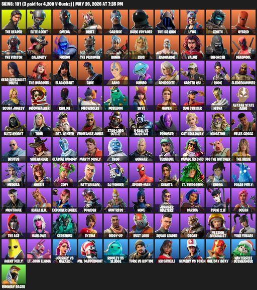 [PC/PSN/XBOX] | 101 skins | Merry Mint Axe | Take The L | The Reaper | Elite Agent | Omega | Drift | Carbide | Dark Voyager | The Ice King | Lynx | Full Access