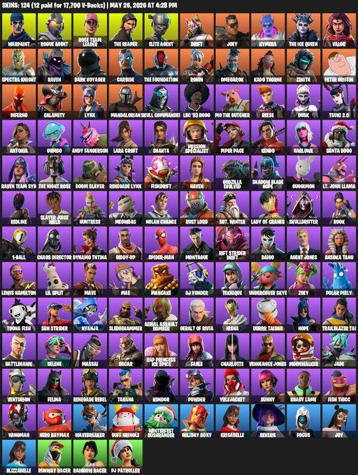 [PC/PSN/XBOX] | 124 skins | 500 V-bucks | Take The L | OG STW | The Reaper | Elite Agent | Lara Croft | Warpaint | Rogue Agent | Rose Team Leader | Full Access
